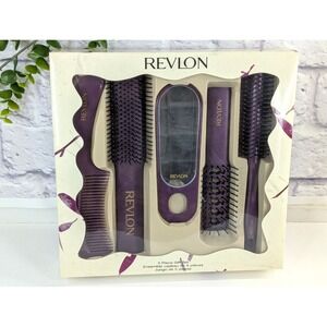 NIB 90s😍Vintage Revlon Styling Set Hair Brushes & Combs Purple Mirror Gift Set